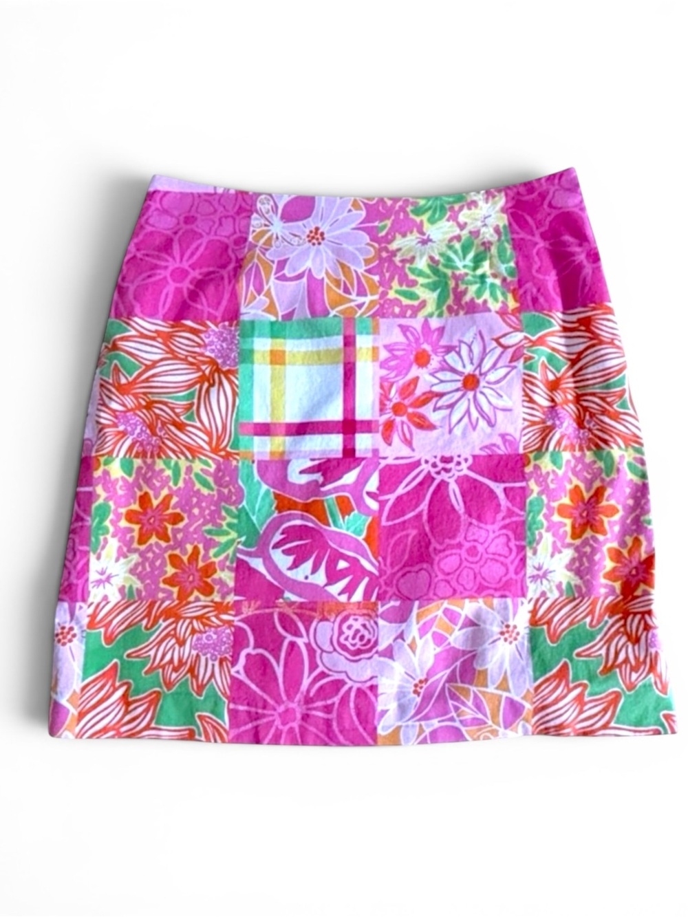 Lilly Pulitzer Cotton Stretch Vintage Patchwork Floral Mini Skirt Pink Green